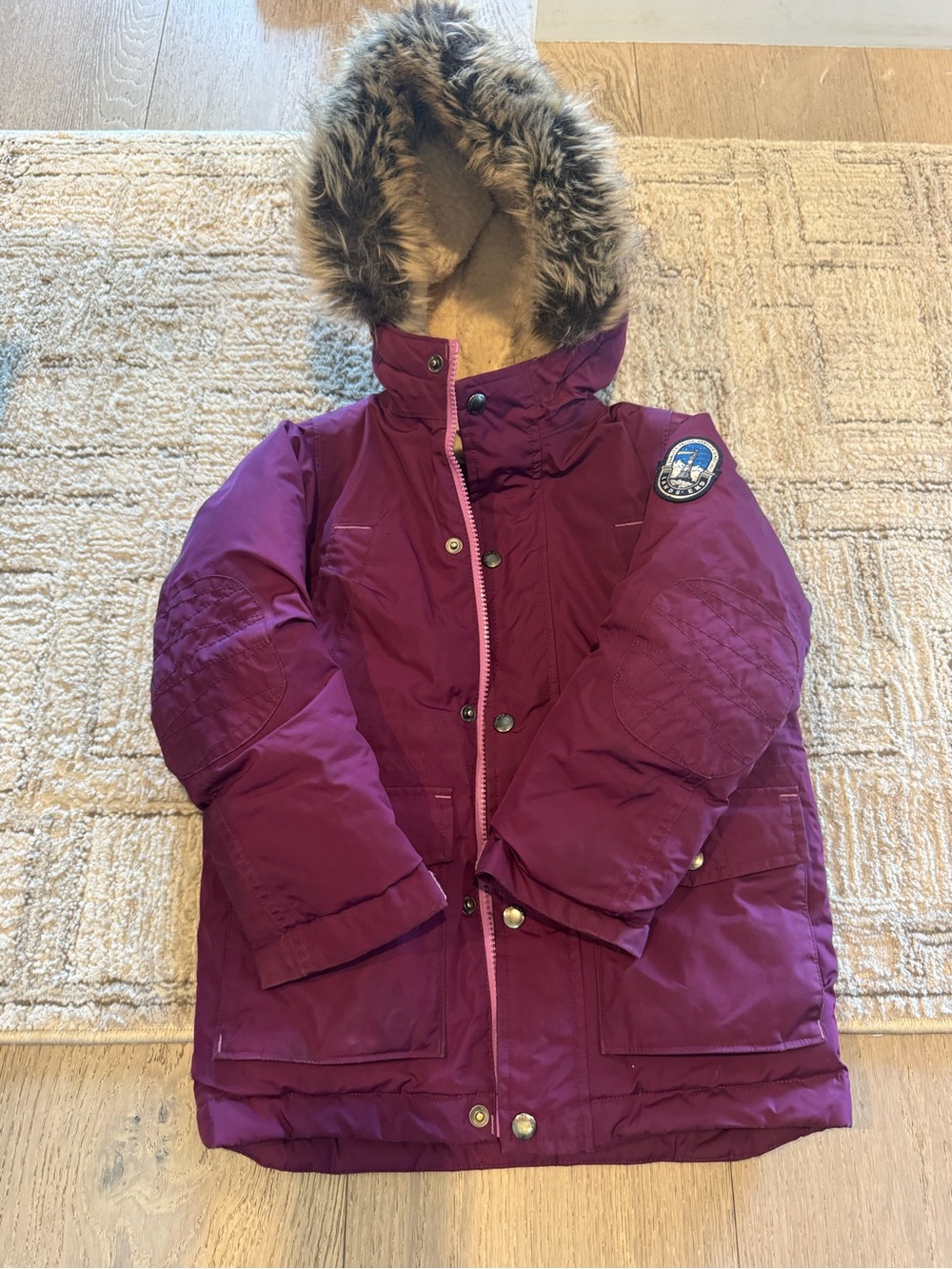 Lands' End Girls Purple Puffer Parka with Faux Fur Hood